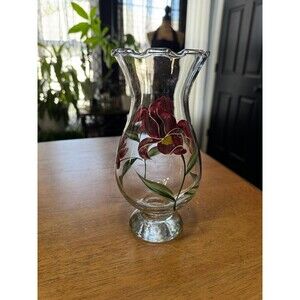 vintage Gibson Art Glass "Lianna" vase, features a hand-painted purple Iris